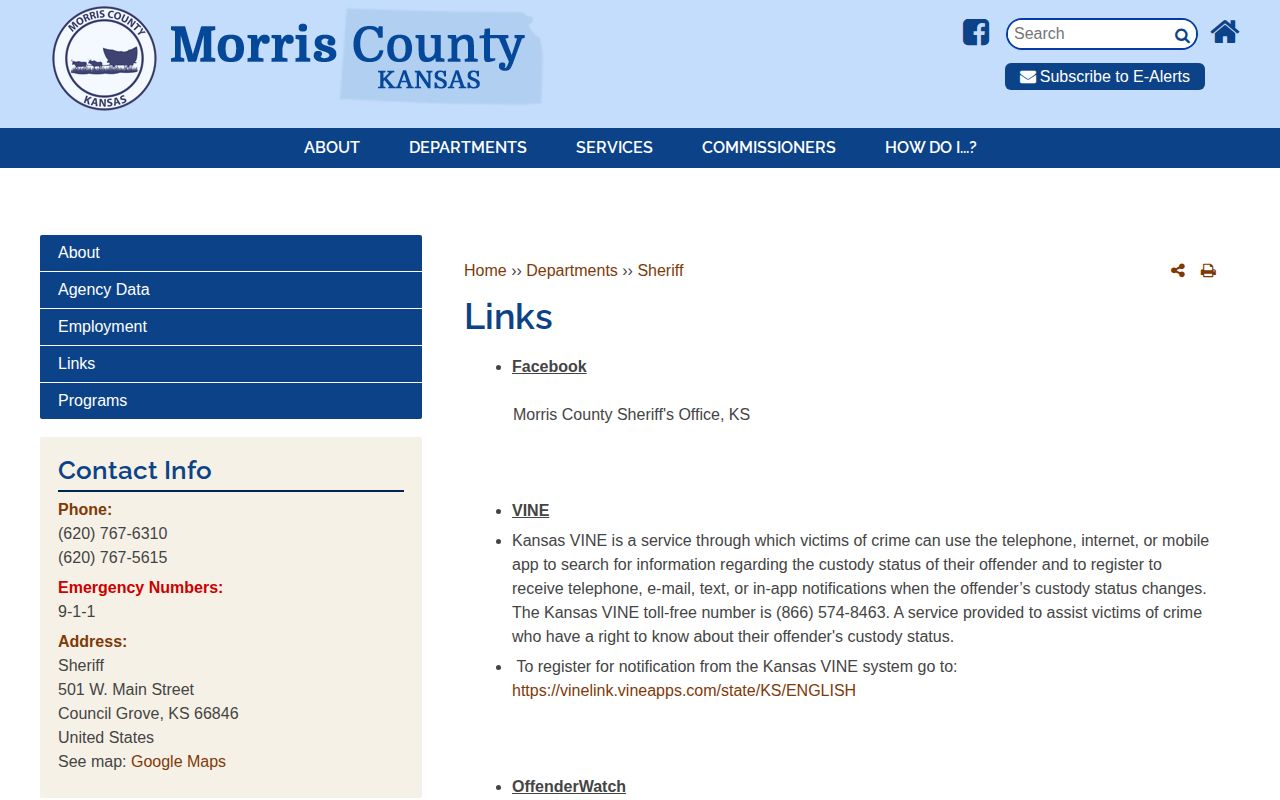 Morris County Sheriff links page with official VINE and social channels