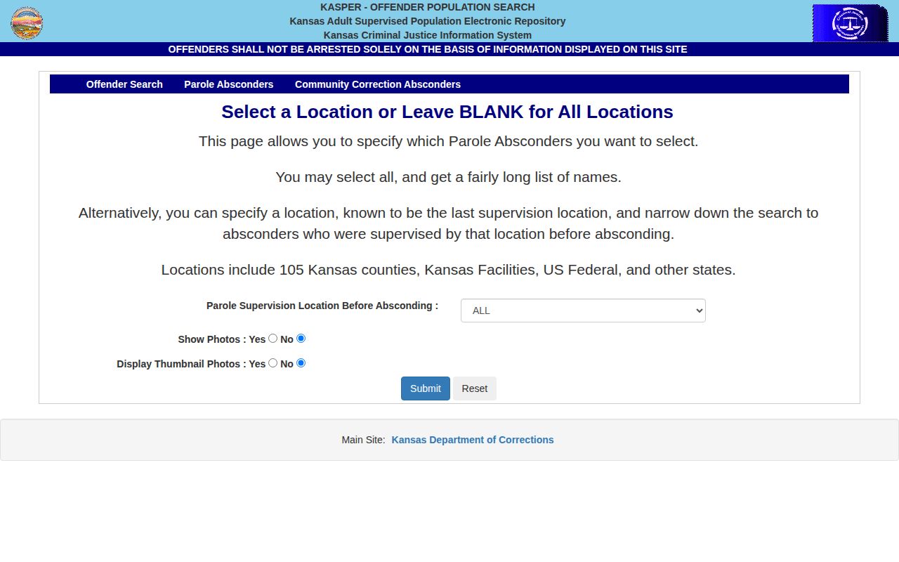 KASPER parole absconder search with county filtering