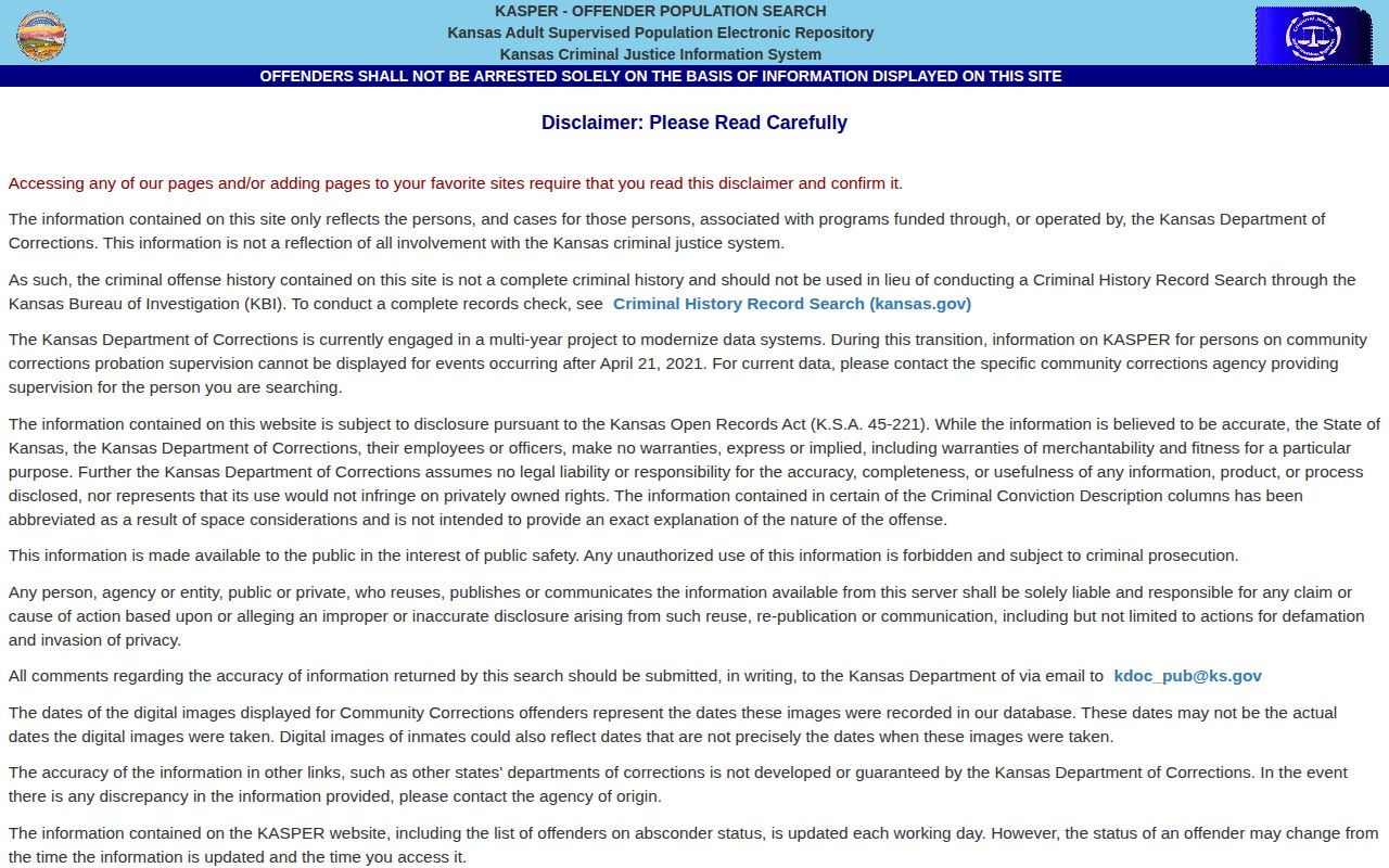 Kansas KASPER offender search form used for release date lookup